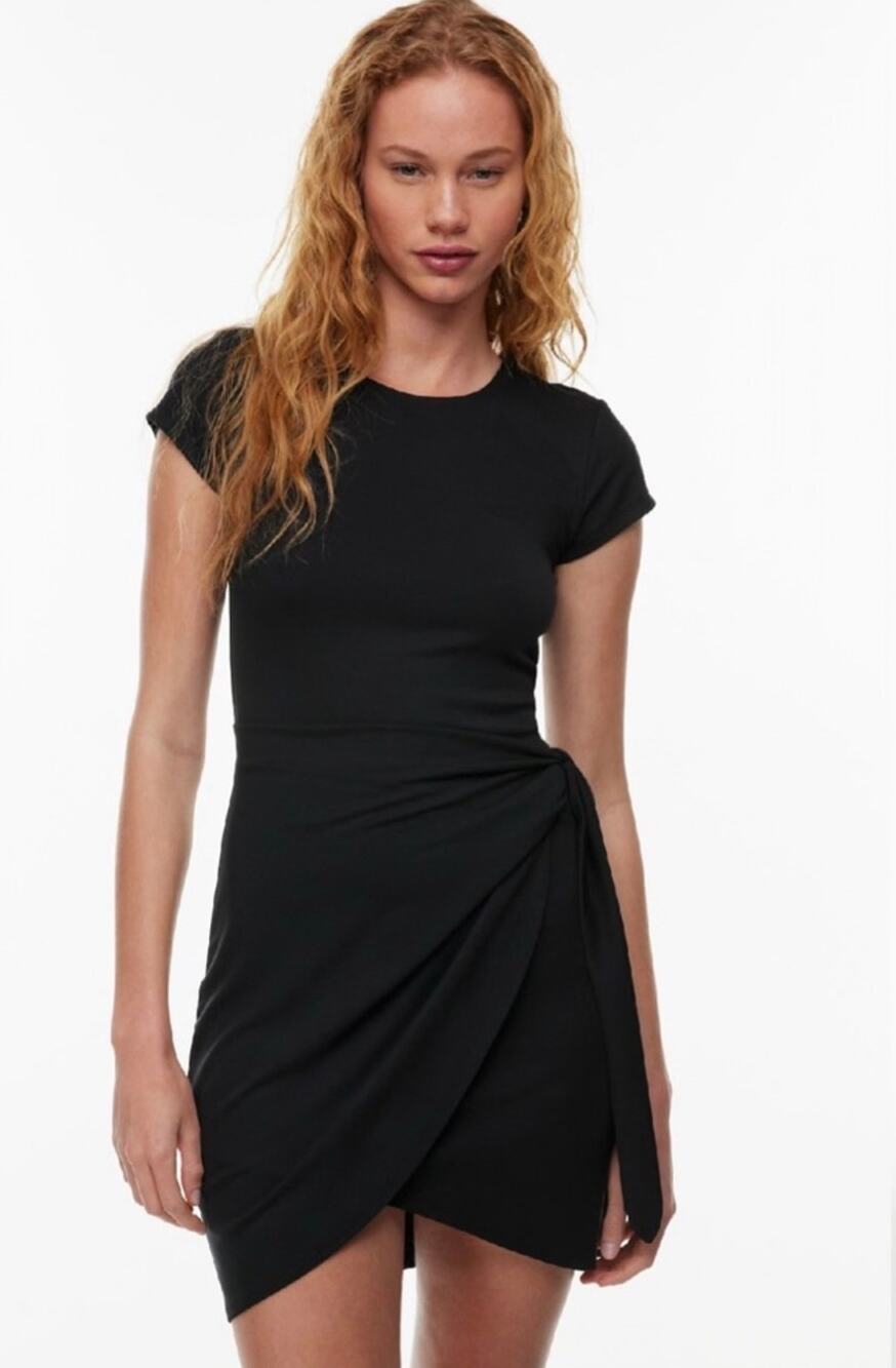 Aritzia Wilfred Lune Black Faux Wrap Short Sleeve Mini Dress Small Minimalist